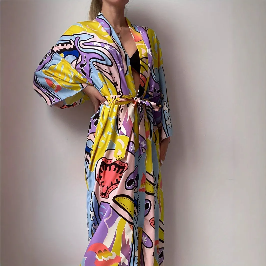 Vibrant Bohemian Print Long Kimono Beach Cover-Up with Waist Tie