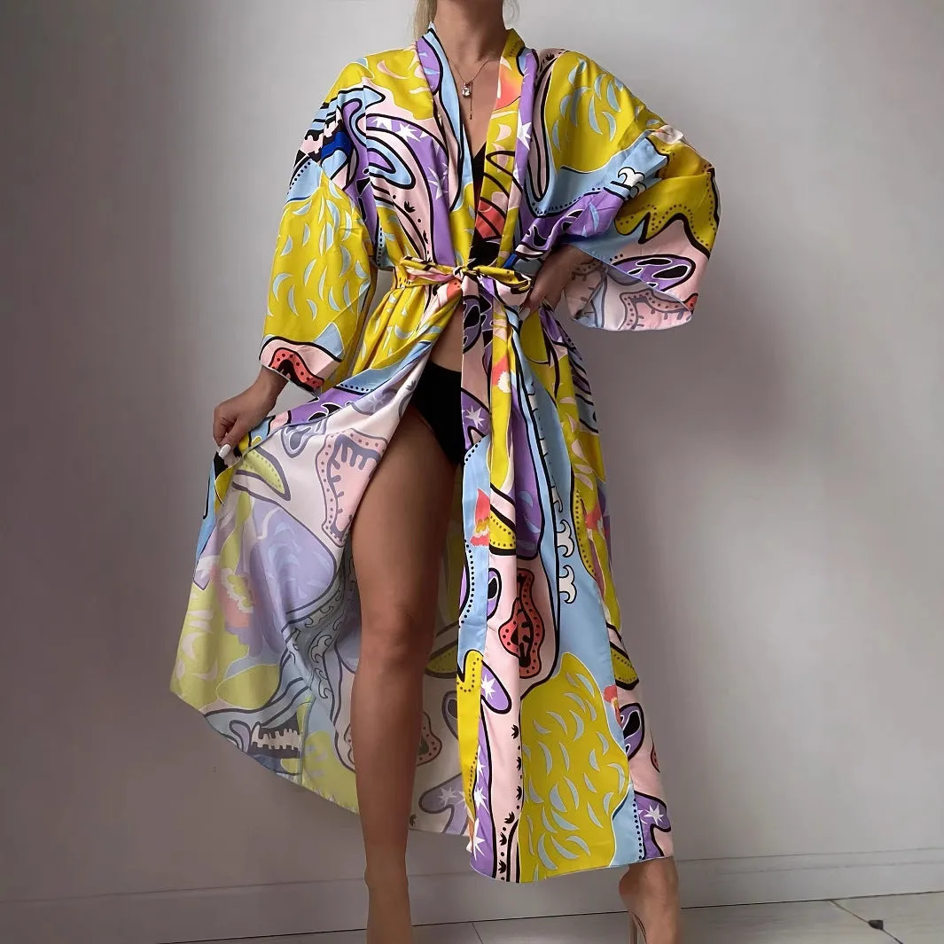 Vibrant Bohemian Print Long Kimono Beach Cover-Up with Waist Tie