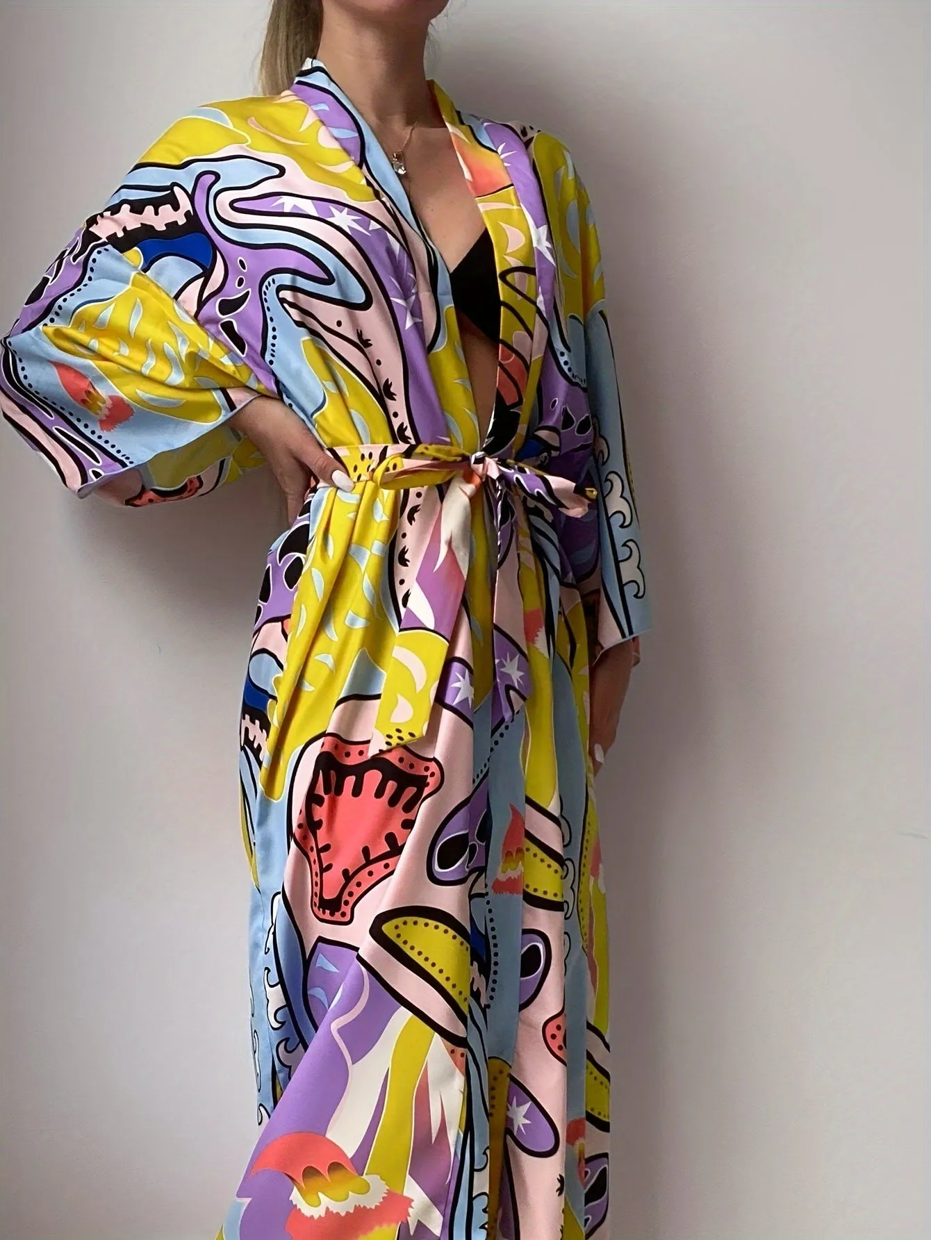 Vibrant Bohemian Print Long Kimono Beach Cover-Up with Waist Tie