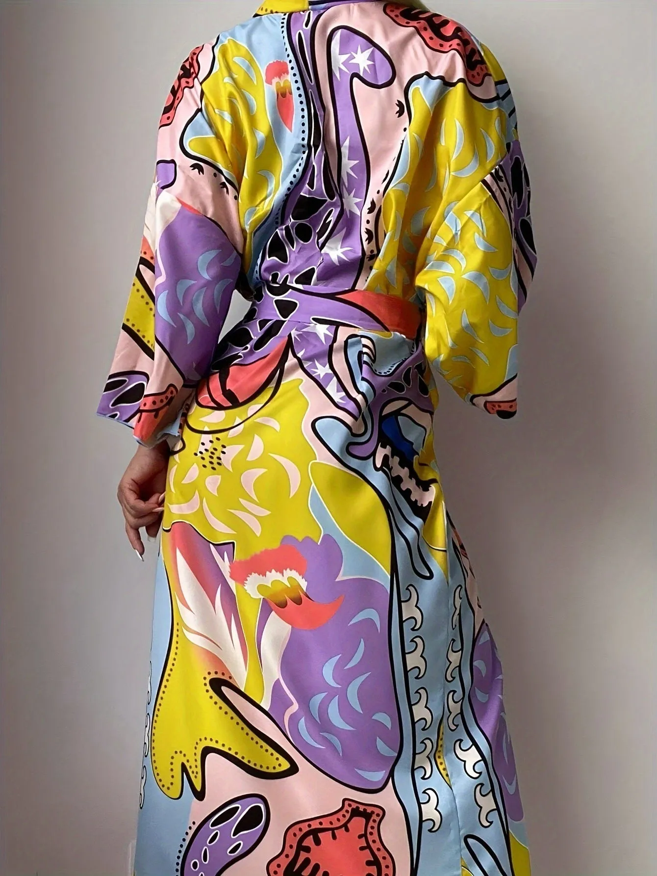 Vibrant Bohemian Print Long Kimono Beach Cover-Up with Waist Tie