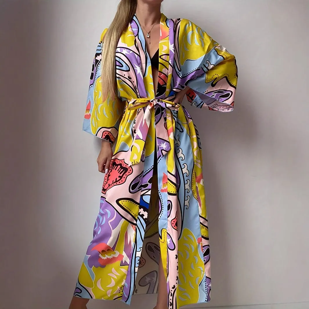 Vibrant Bohemian Print Long Kimono Beach Cover-Up with Waist Tie