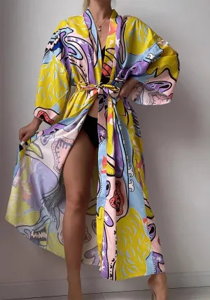 Vibrant Bohemian Print Long Kimono Beach Cover-Up with Waist Tie