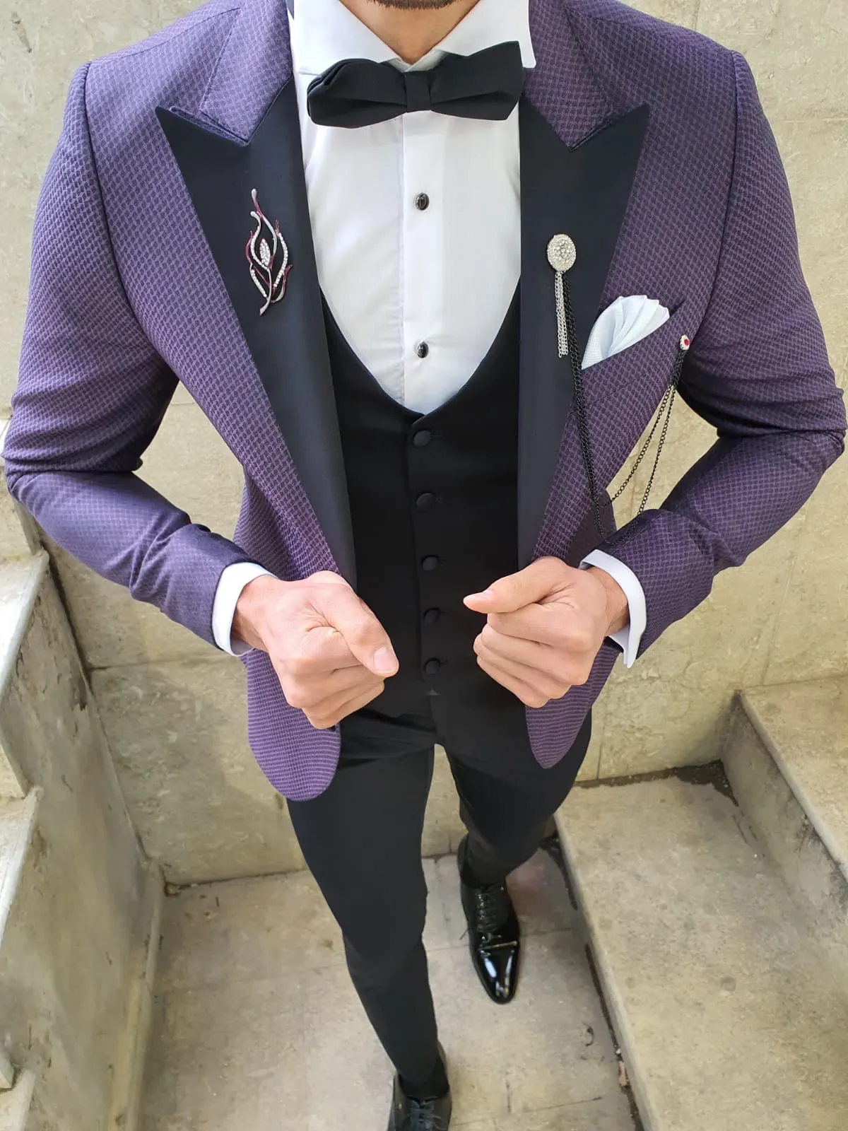 VillaNova Purple Slim Fit Patterned Tuxedo