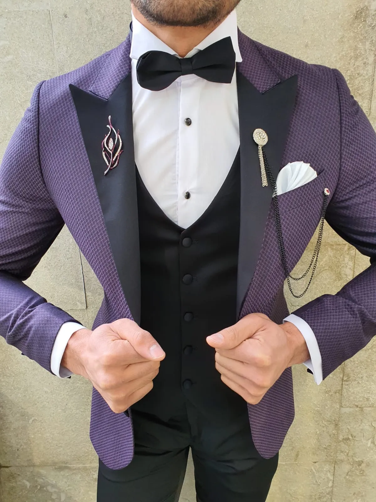 VillaNova Purple Slim Fit Patterned Tuxedo