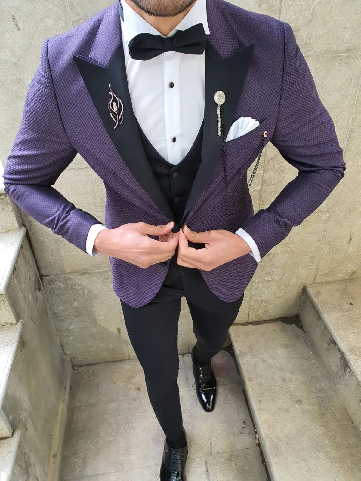 VillaNova Purple Slim Fit Patterned Tuxedo