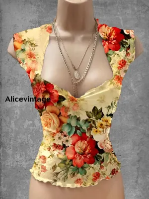 Vintage Floral Art Print V-Neck Casual Top