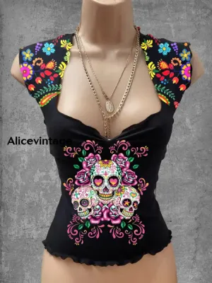 Vintage Mexican Floral Art Print V-Neck Casual Top