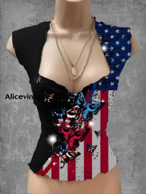 VintageAmerican Flag Butterfly Art Print V-Neck Casual Top
