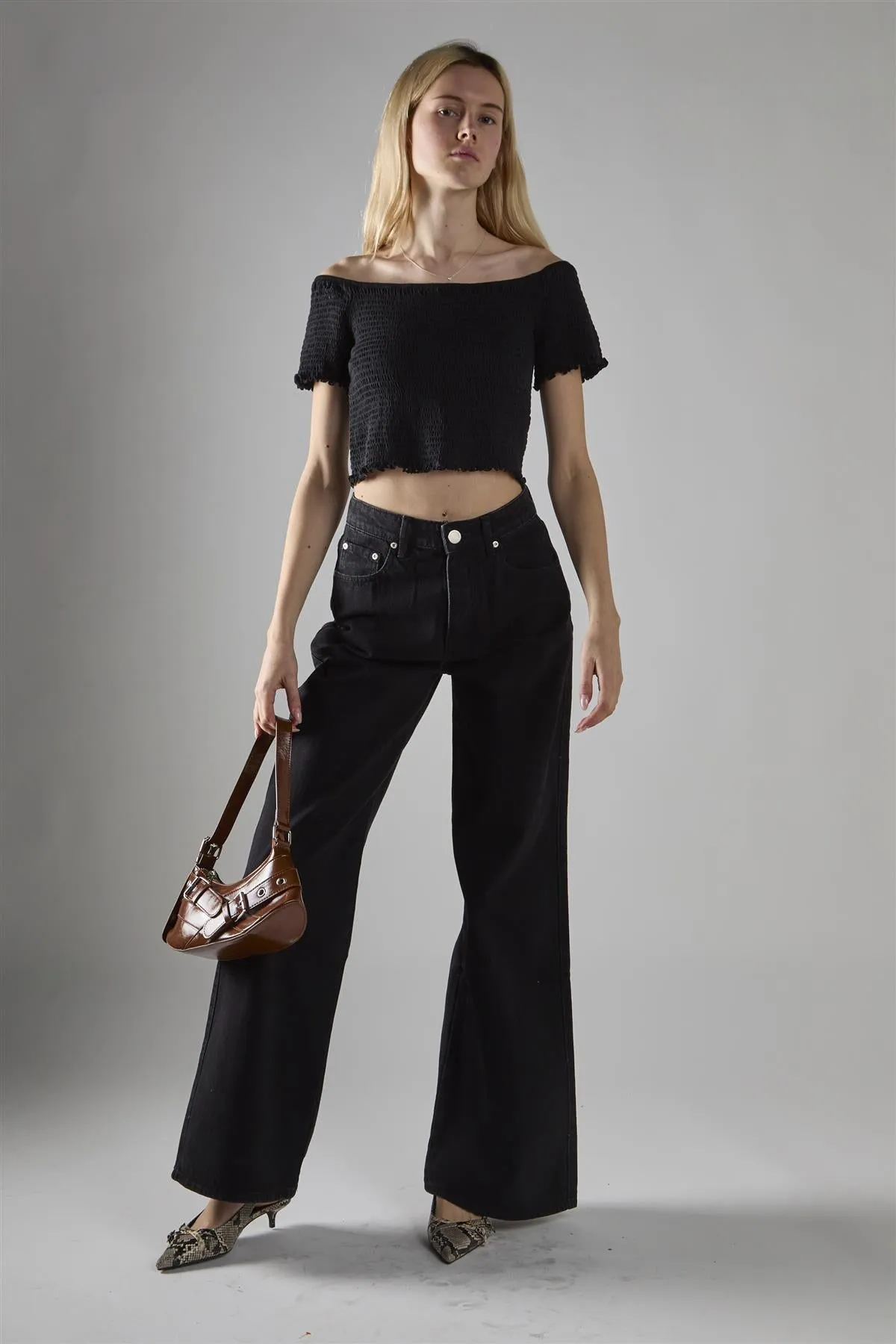 Washed-Black Wide-Leg Mid-Rise-Jeans