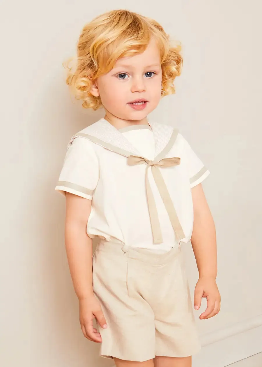 Waterford Stripe Mariner Collar Short Sleeve Two Piece Set in Beige (12mths-6yrs)
