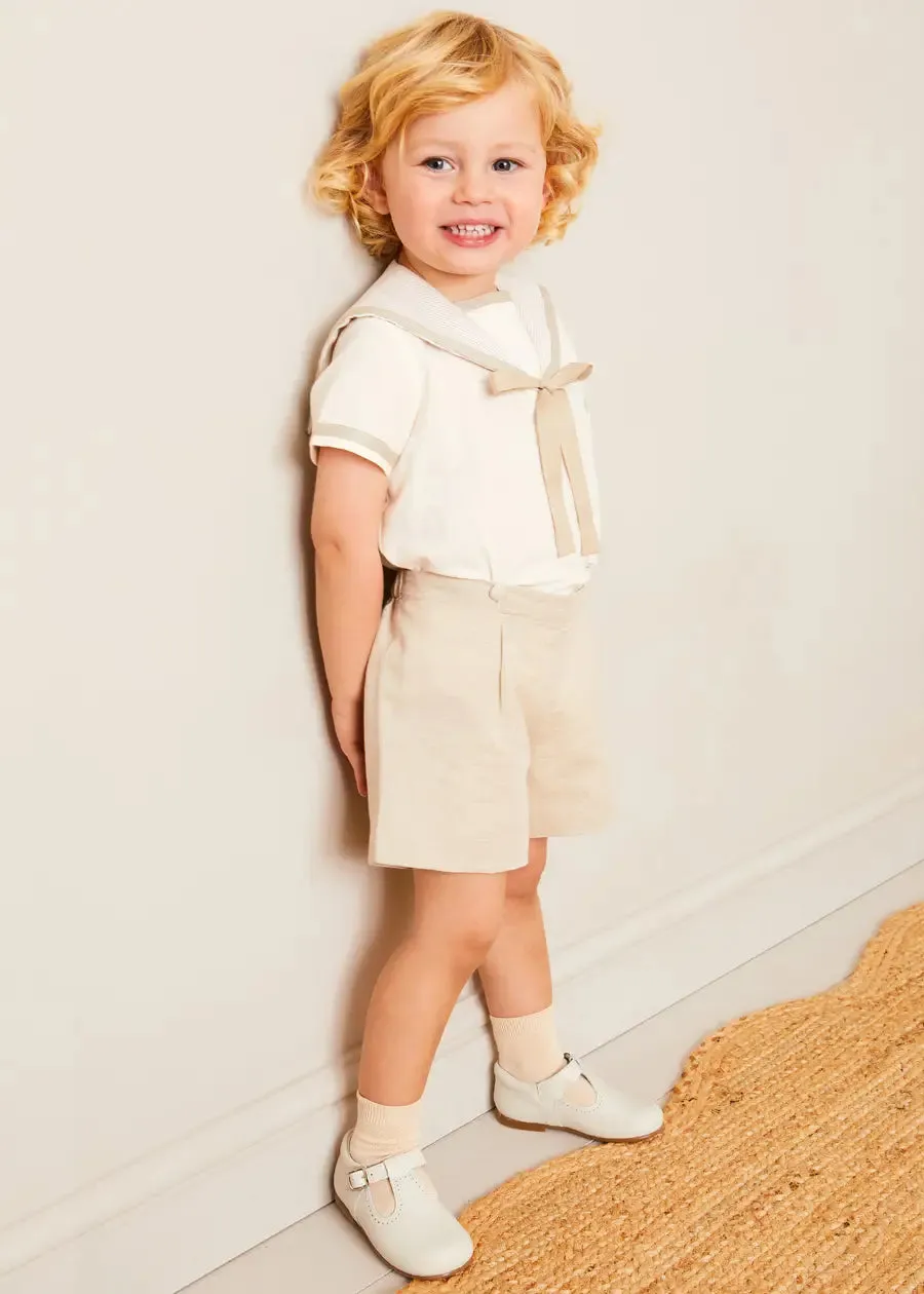 Waterford Stripe Mariner Collar Short Sleeve Two Piece Set in Beige (12mths-6yrs)