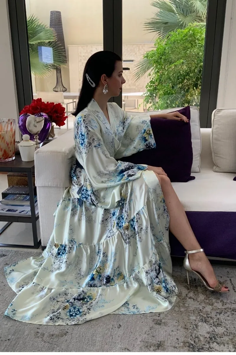 White and Blue Flowers Kimono