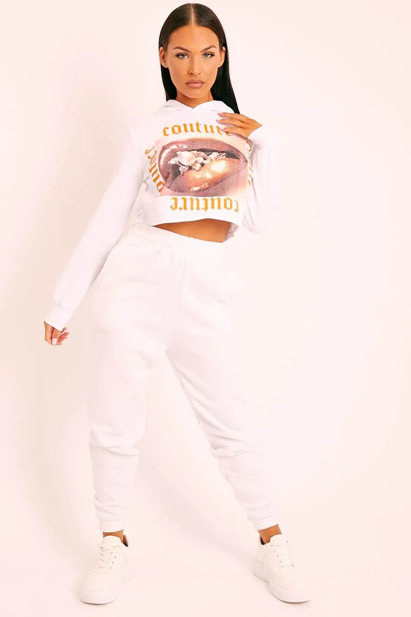 White Couture Graphic Cropped Hoodie - Camia