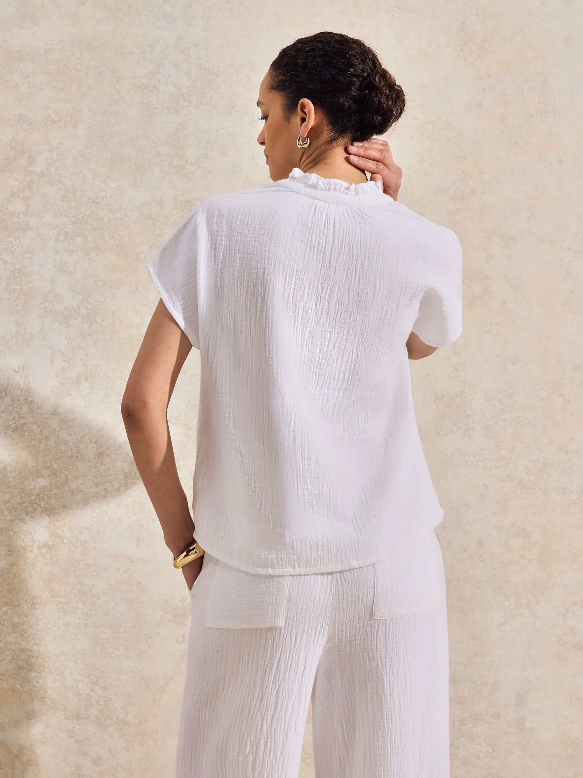 White Frill-Detail V-Neck Cheesecloth Top