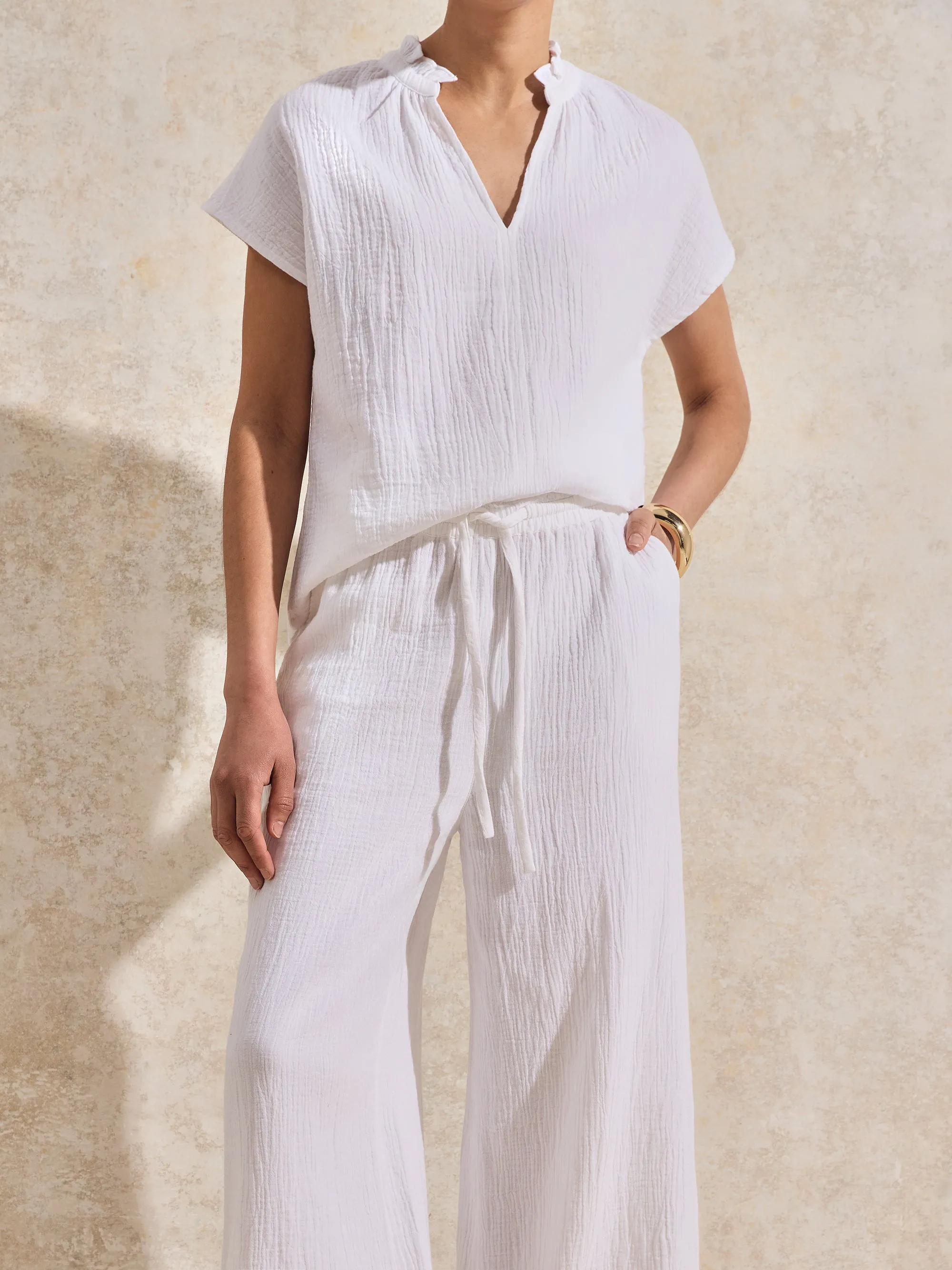 White Frill-Detail V-Neck Cheesecloth Top