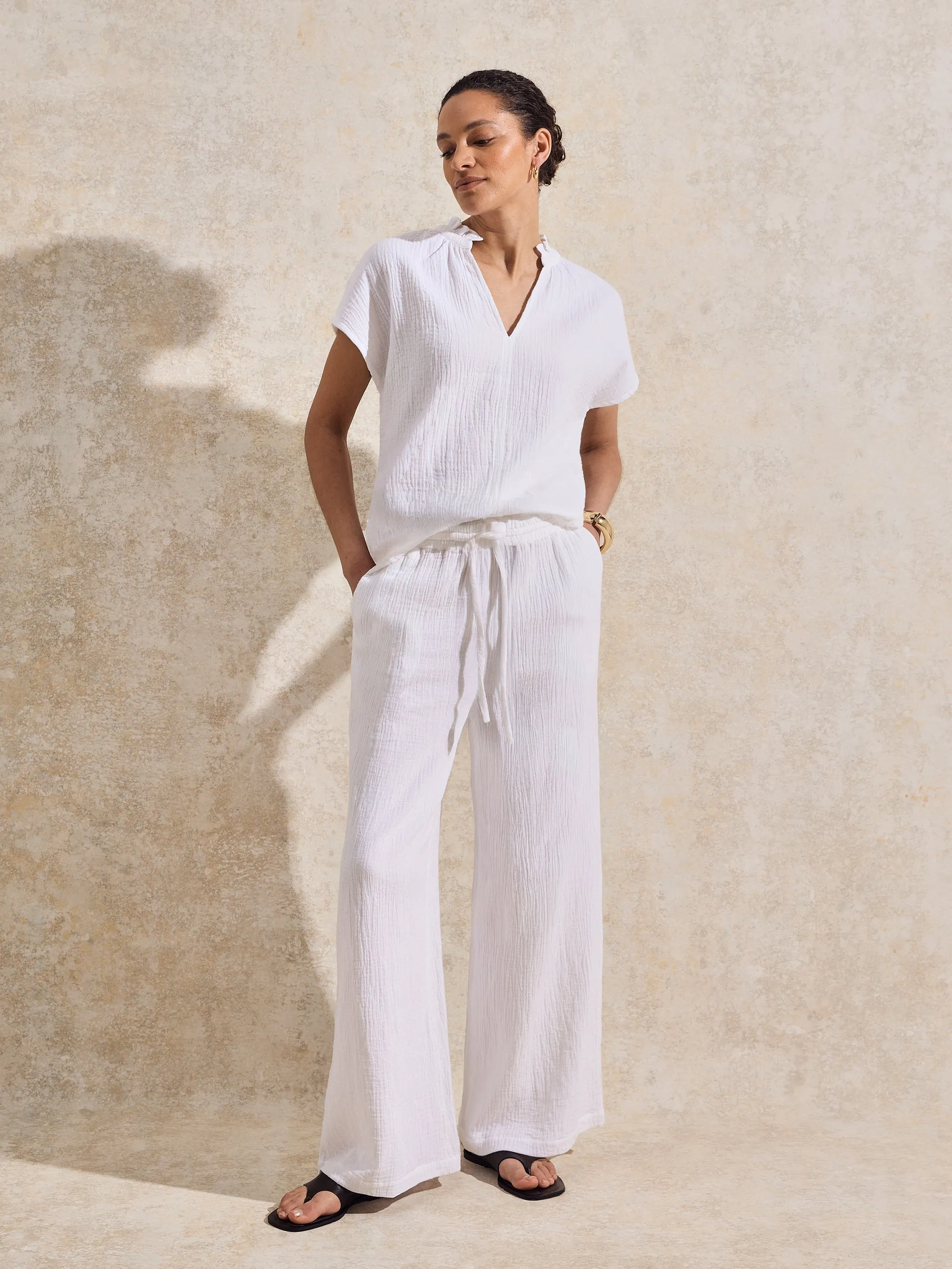 White Frill-Detail V-Neck Cheesecloth Top