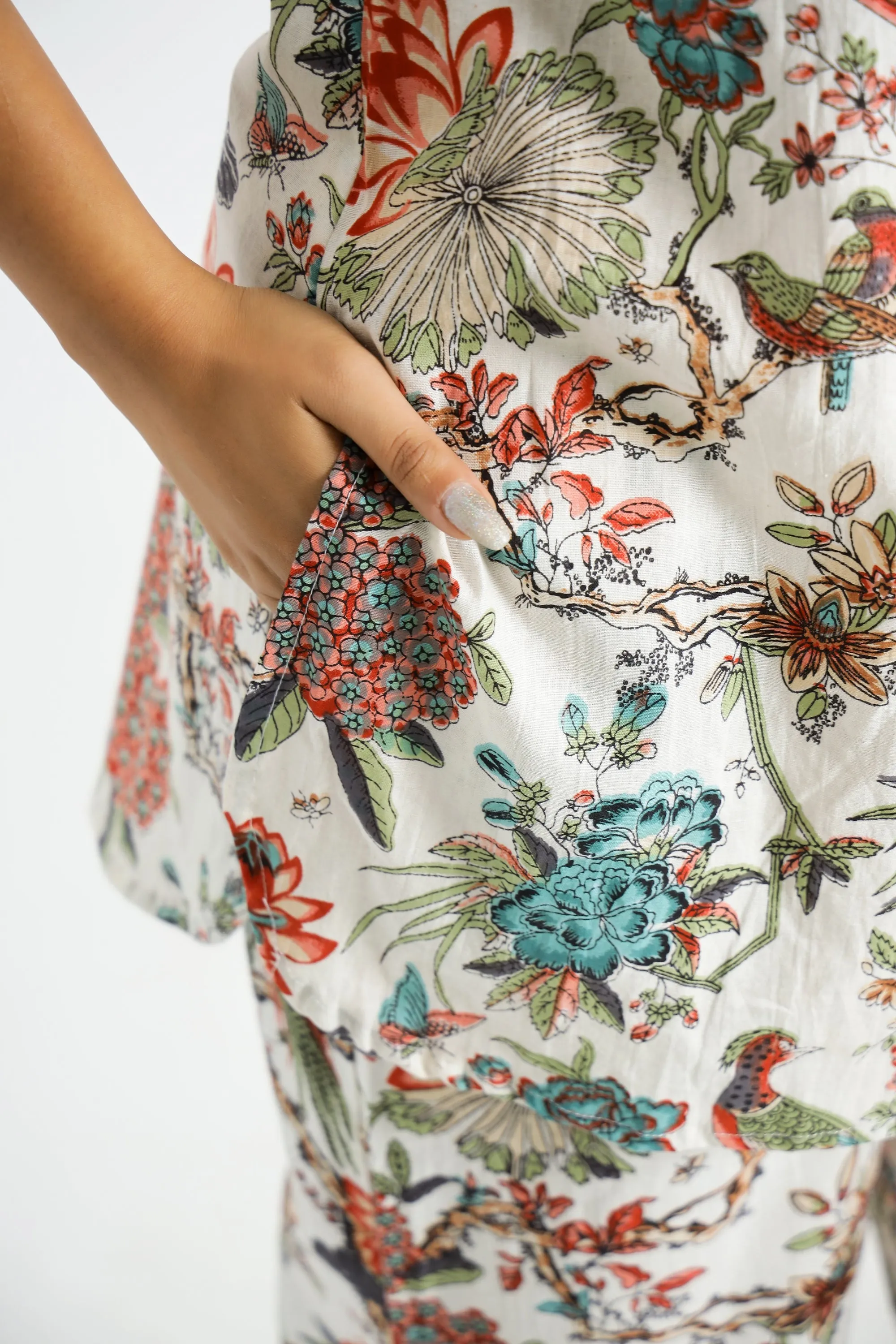 White Multi color Jungle Organic Printed Pure Cotton Loungewear Set
