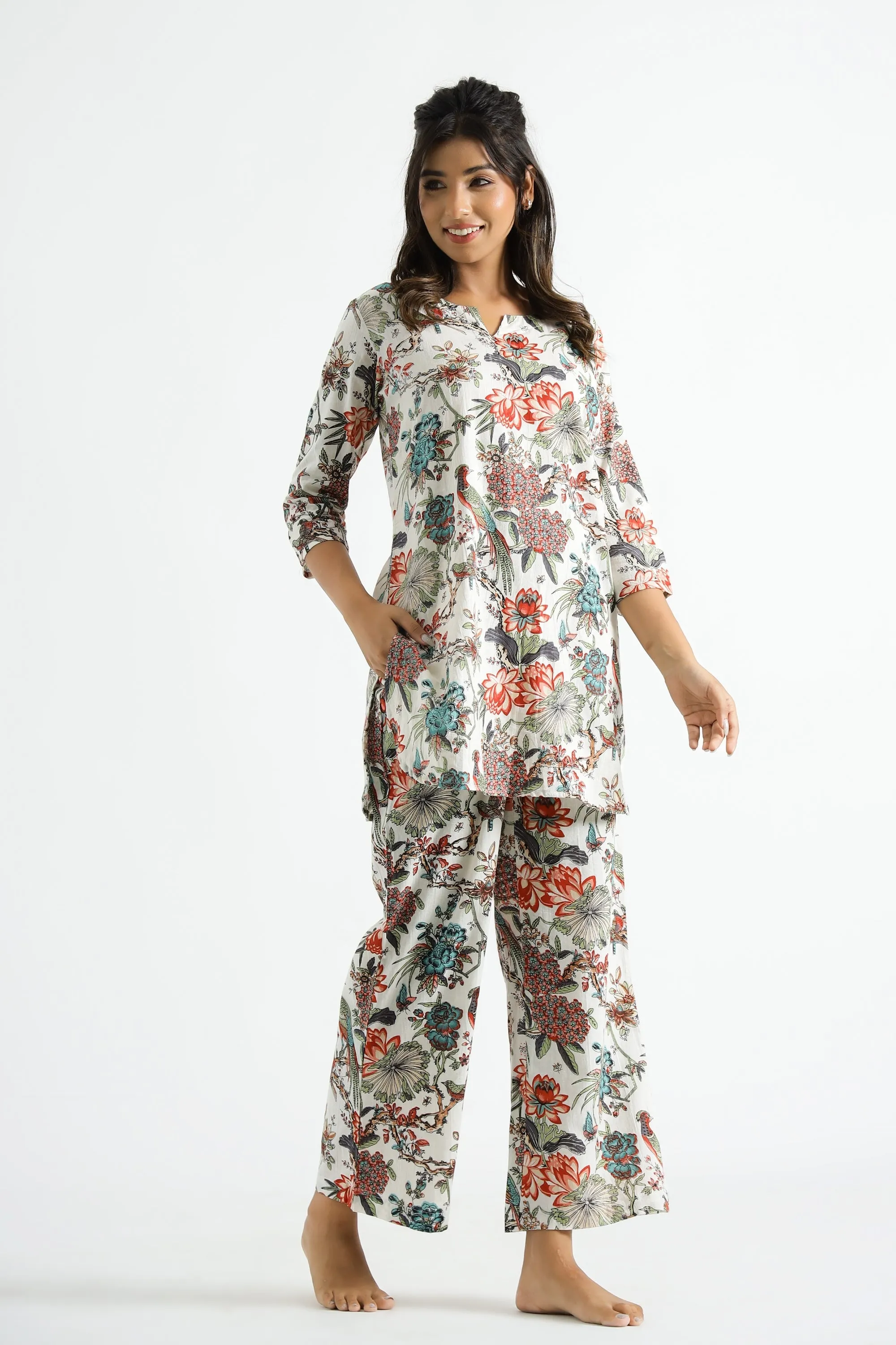 White Multi color Jungle Organic Printed Pure Cotton Loungewear Set