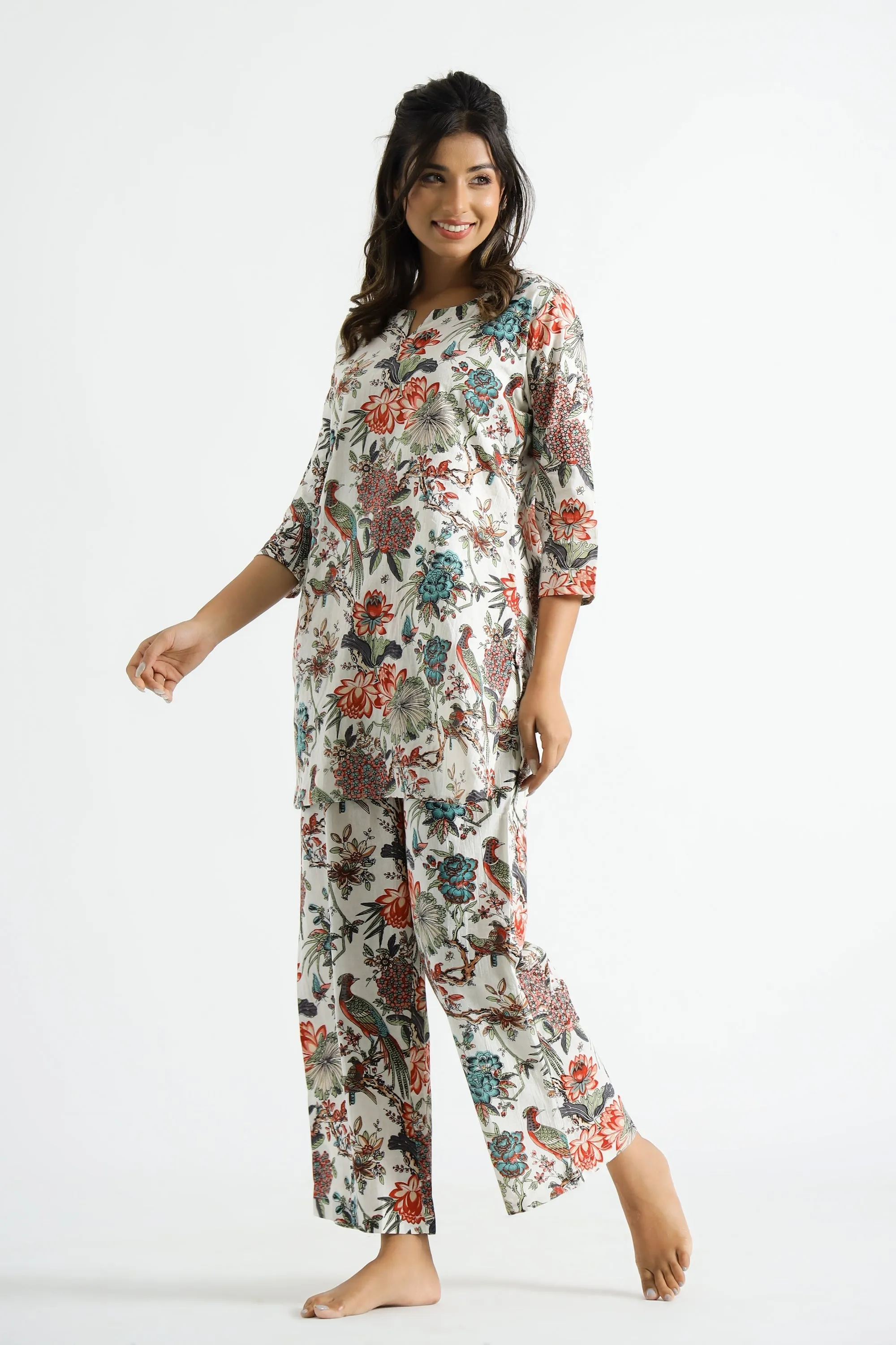White Multi color Jungle Organic Printed Pure Cotton Loungewear Set