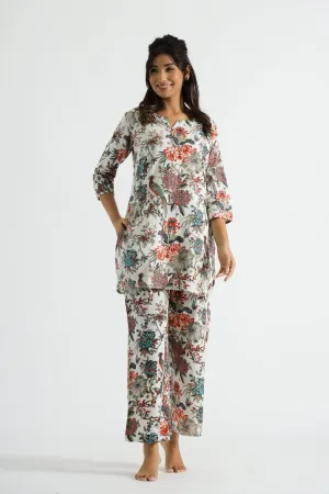 White Multi color Jungle Organic Printed Pure Cotton Loungewear Set