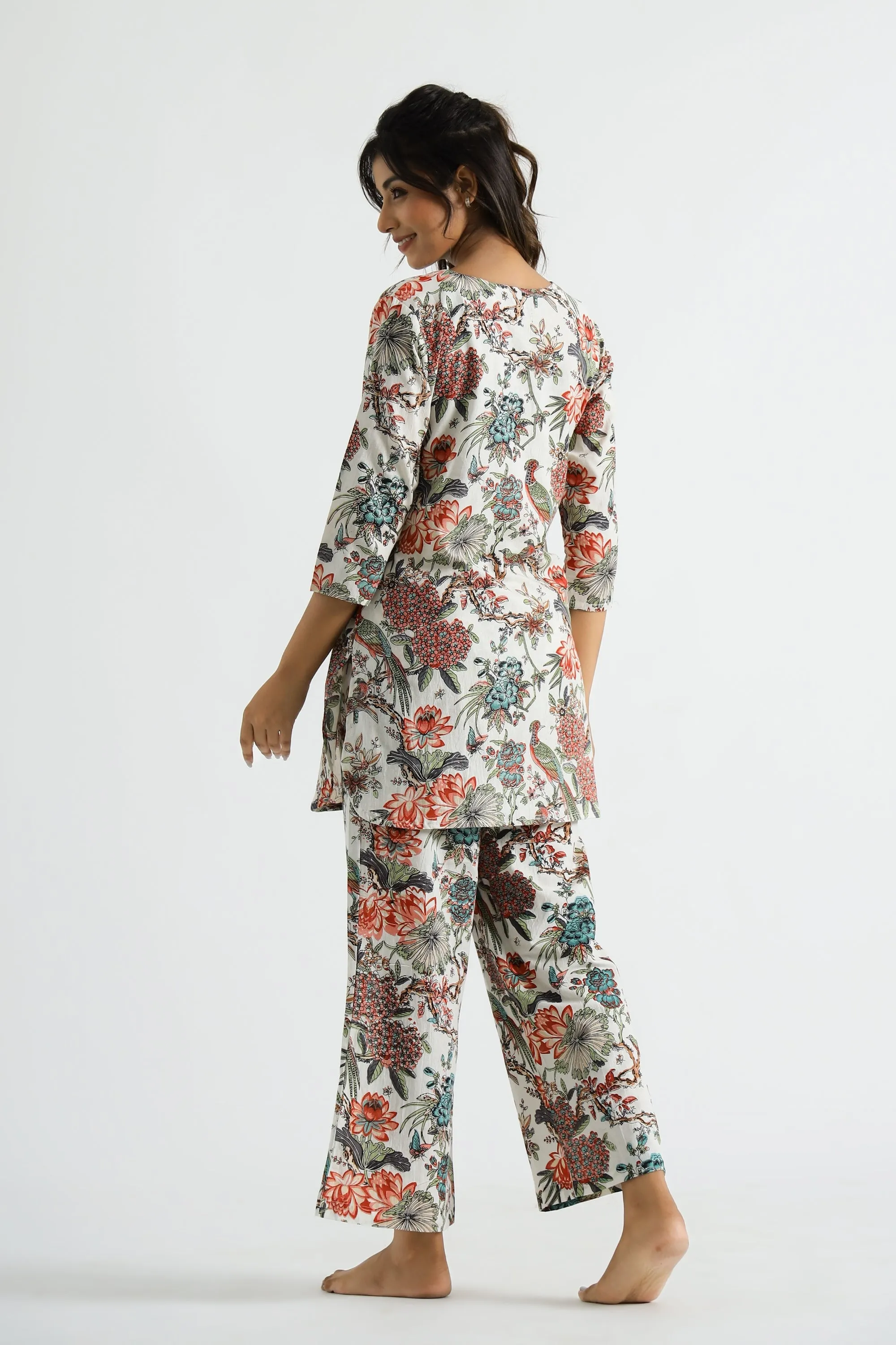 White Multi color Jungle Organic Printed Pure Cotton Loungewear Set