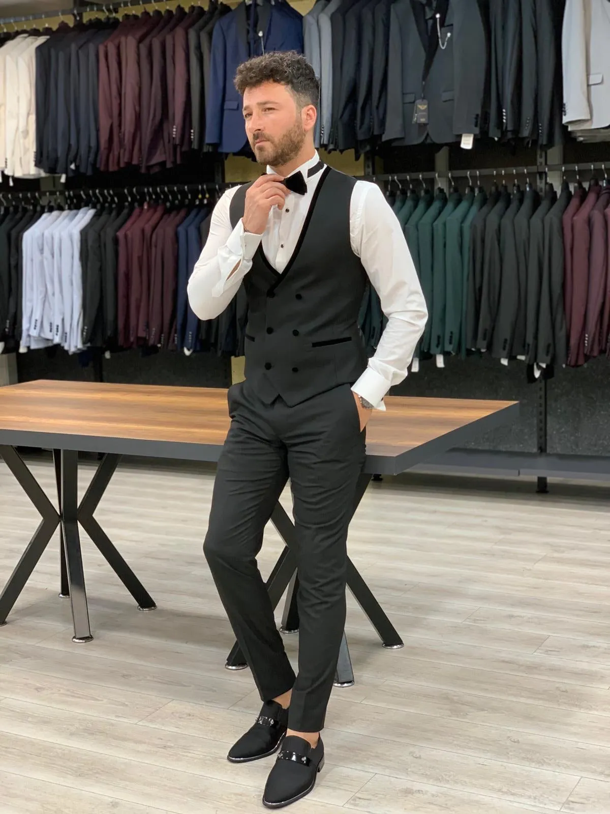 Wilson Black Slim Fit Velvet Peak Lapel Tuxedo