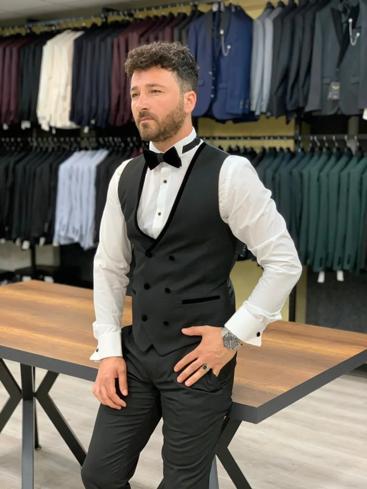 Wilson Black Slim Fit Velvet Peak Lapel Tuxedo