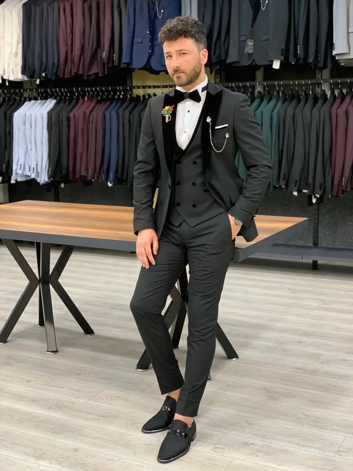 Wilson Black Slim Fit Velvet Peak Lapel Tuxedo