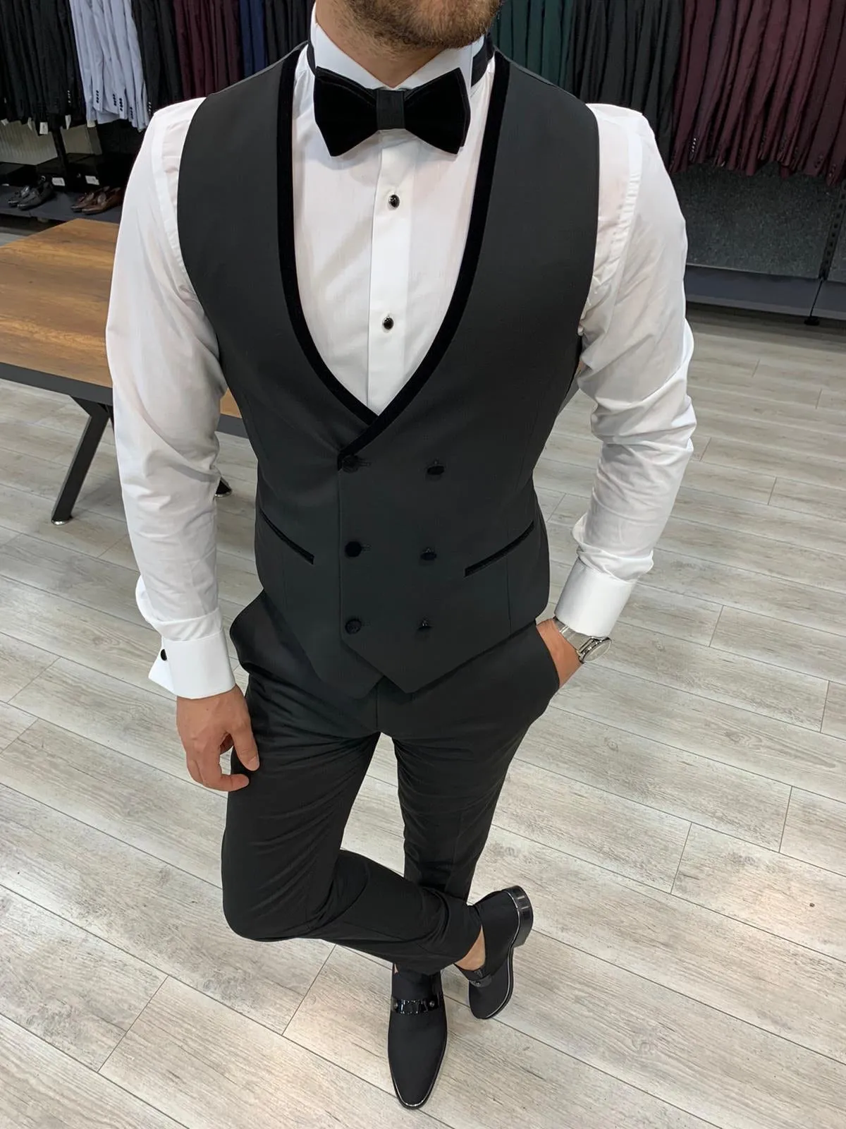 Wilson Black Slim Fit Velvet Peak Lapel Tuxedo