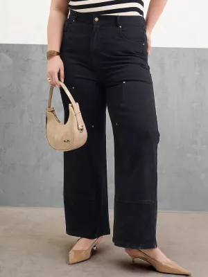 Women Black Patched Straight Jeans