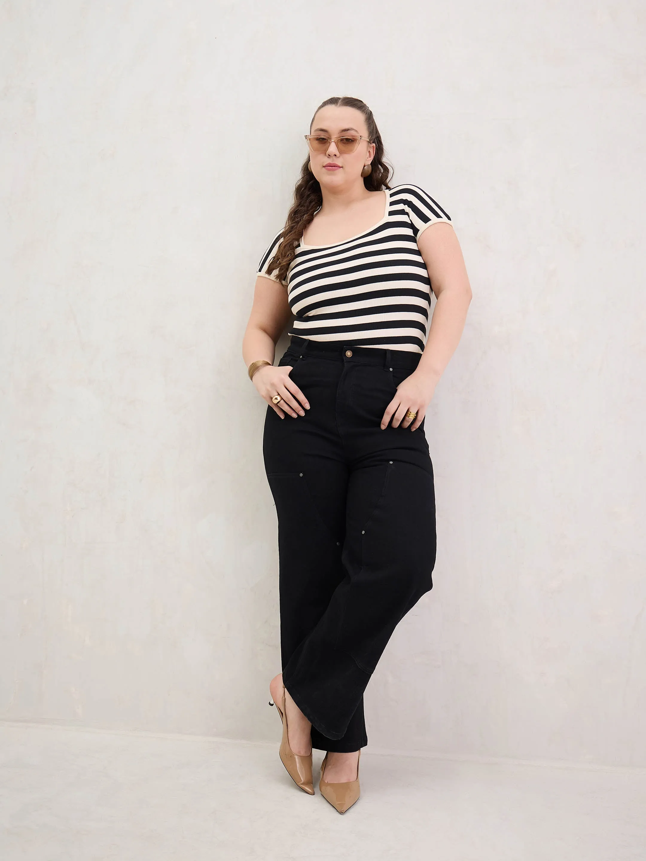Women Black Patched Straight Jeans
