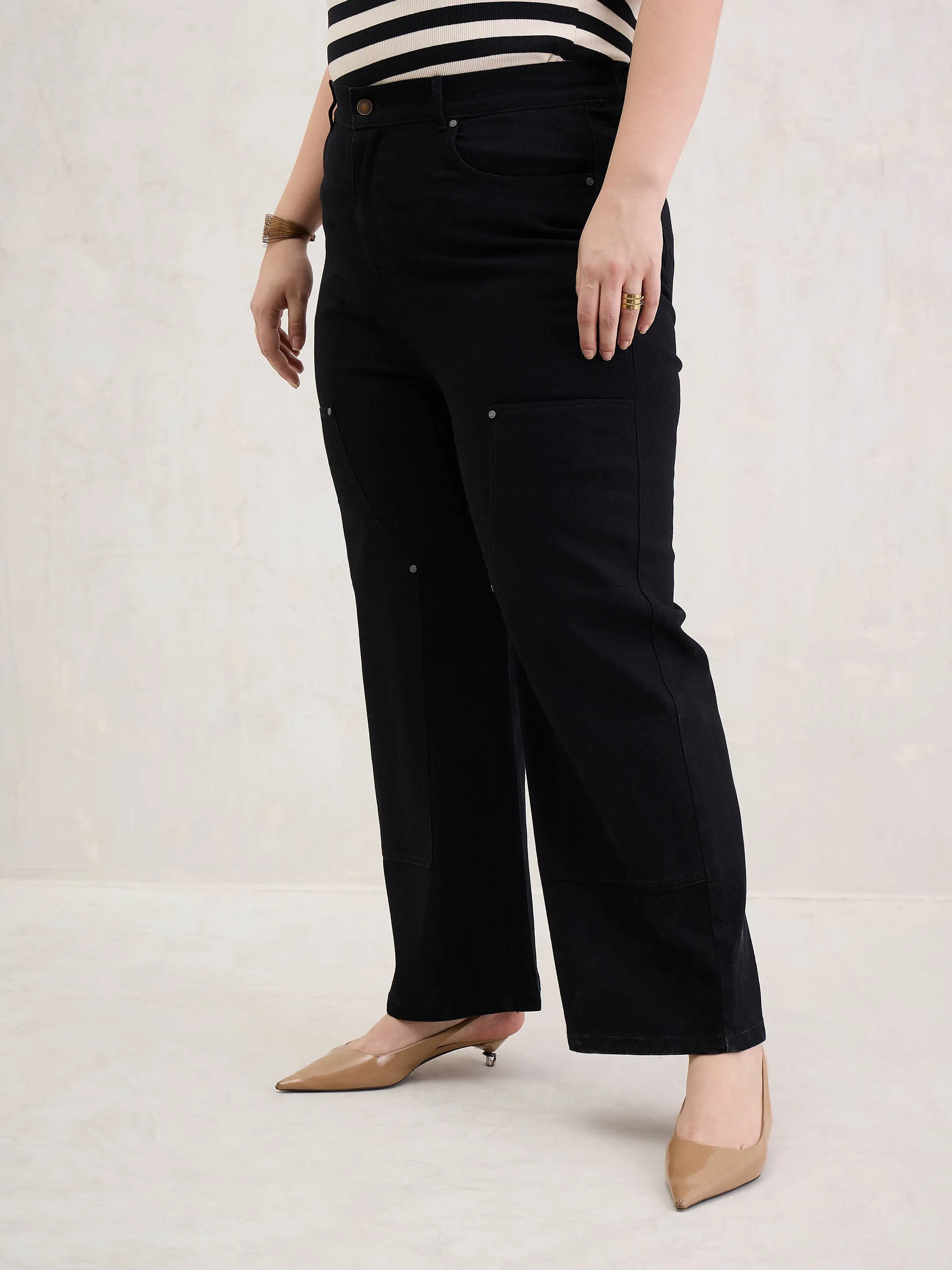 Women Black Patched Straight Jeans