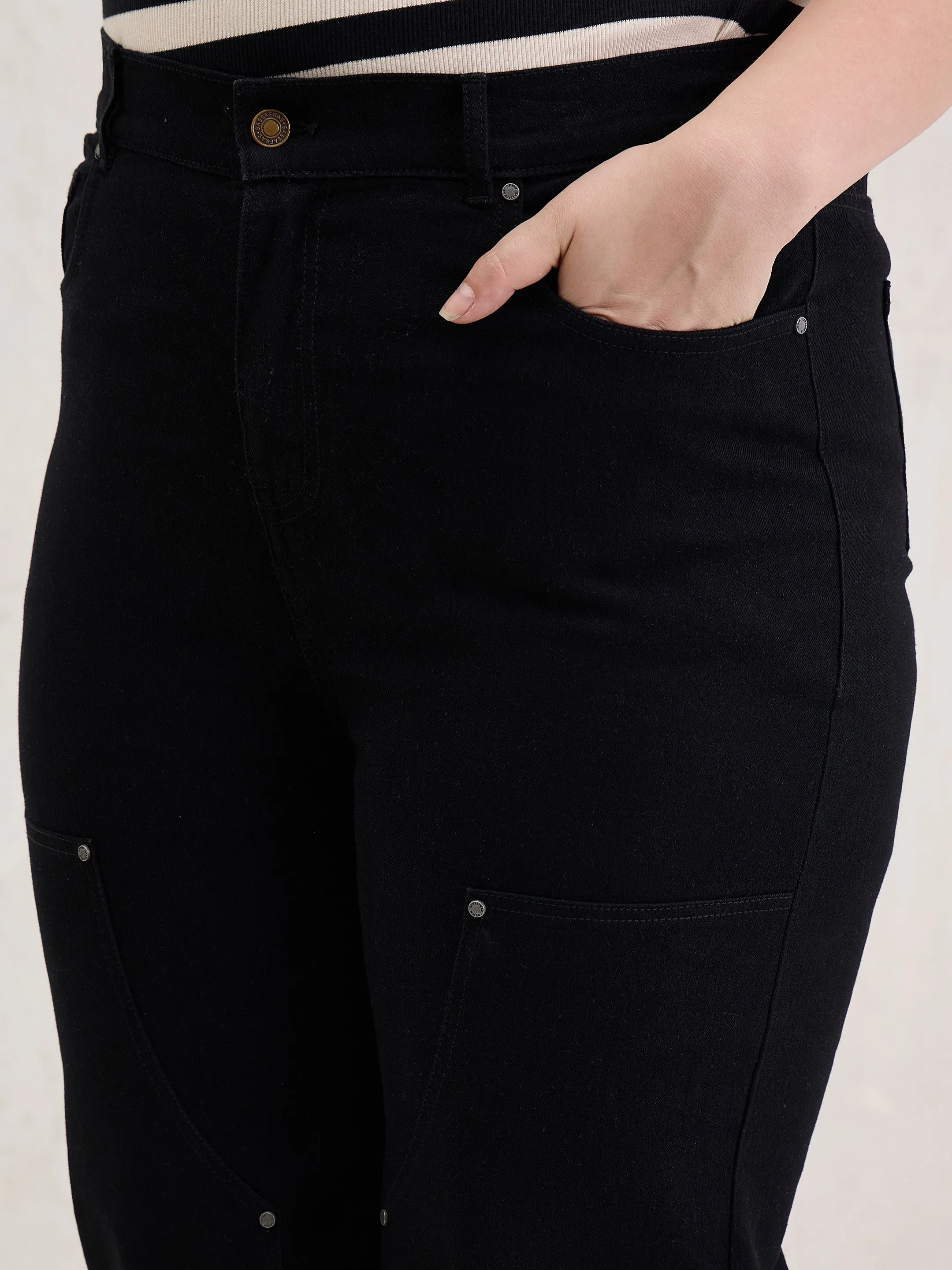 Women Black Patched Straight Jeans