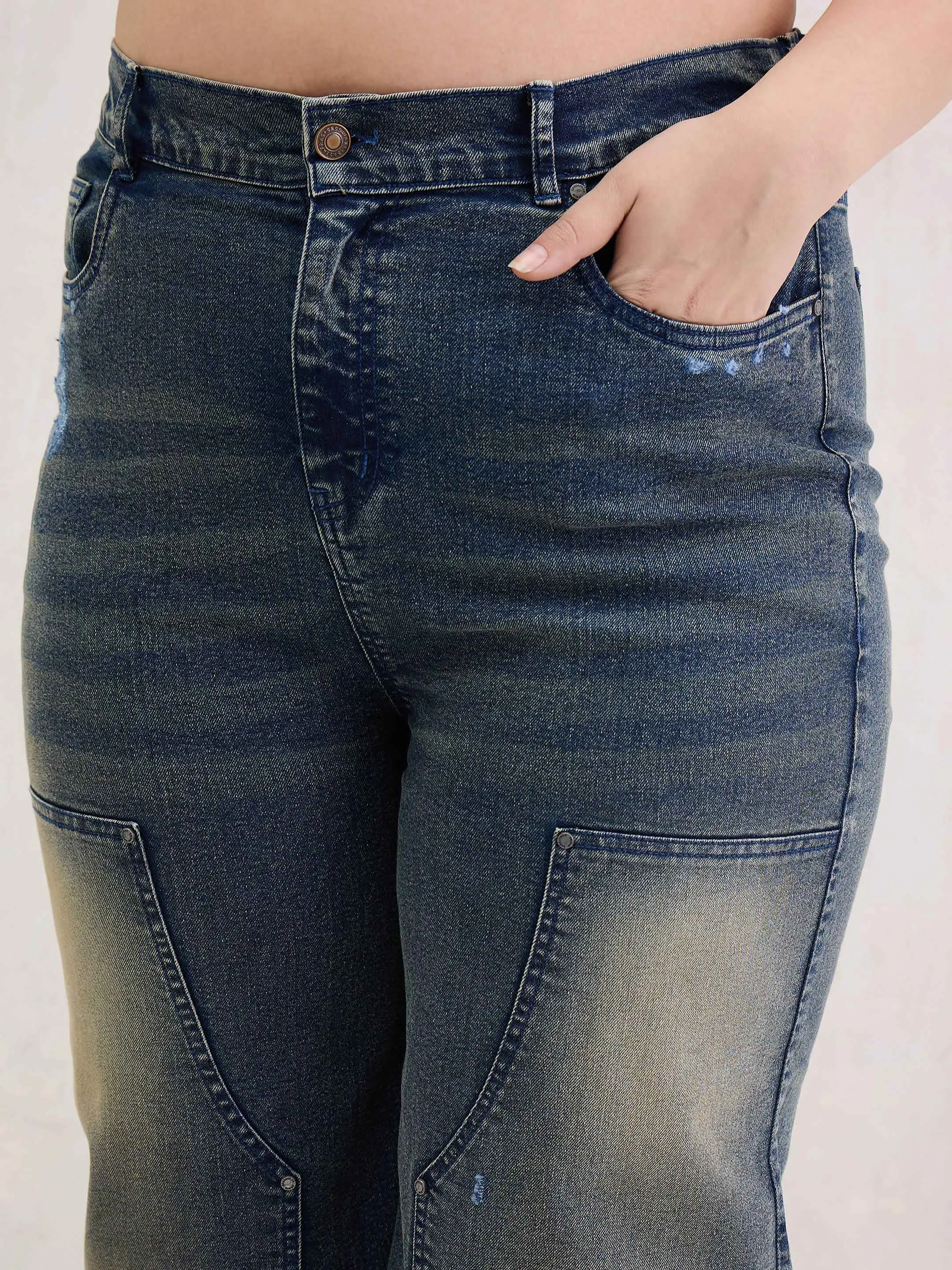 Women Blue Acid Wash Patched Straight Jeans