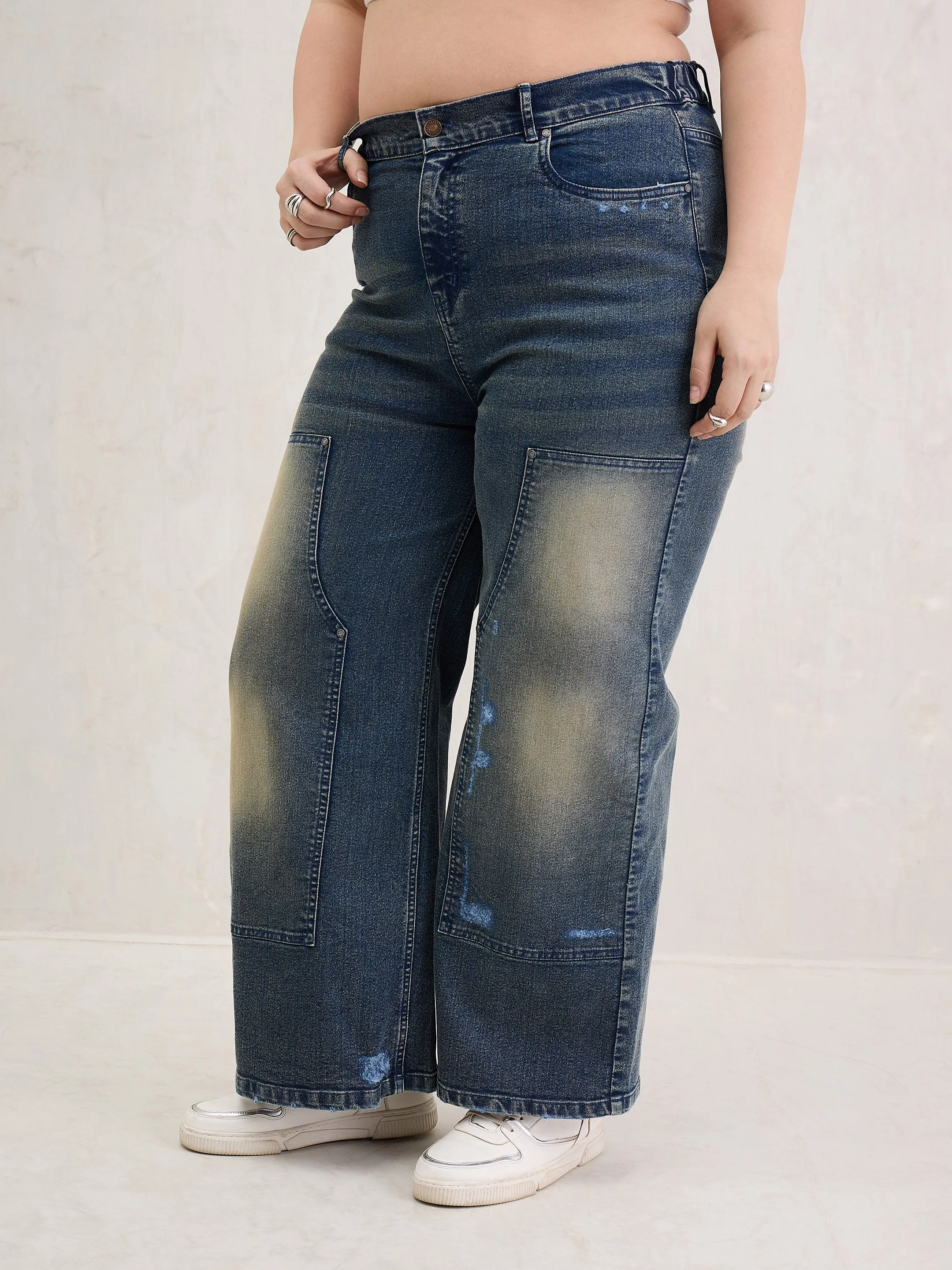 Women Blue Acid Wash Patched Straight Jeans