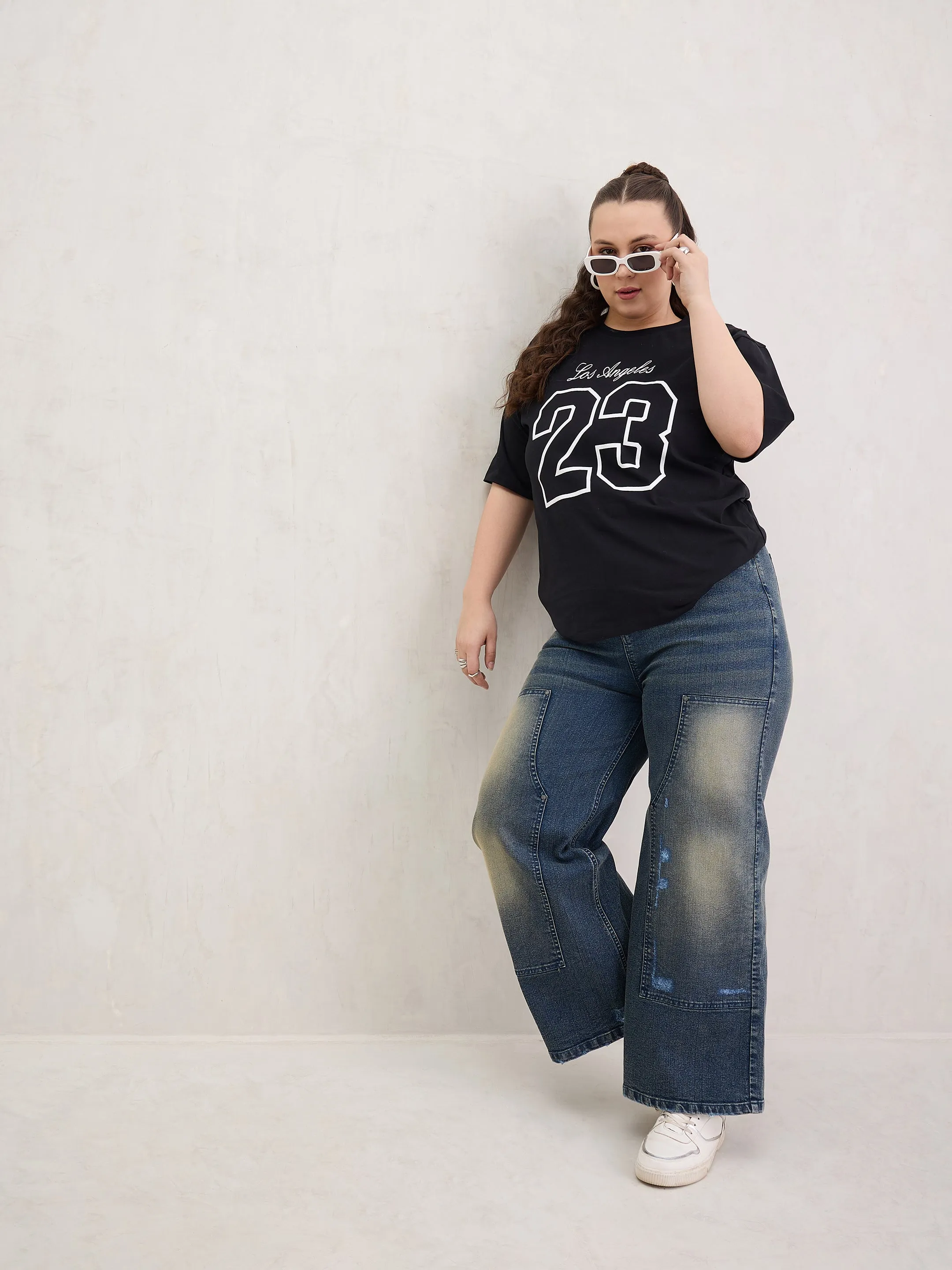 Women Blue Acid Wash Patched Straight Jeans