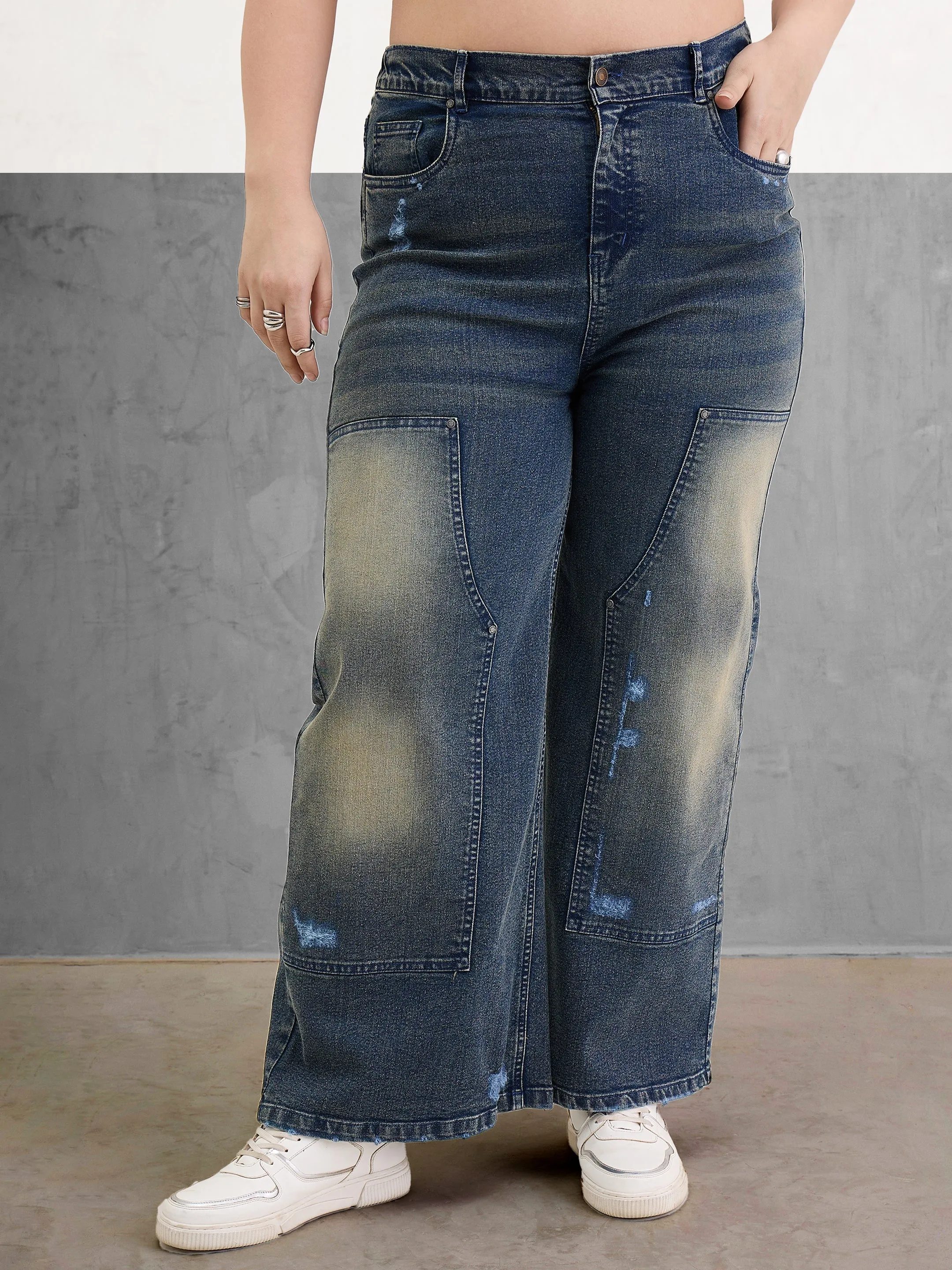Women Blue Acid Wash Patched Straight Jeans