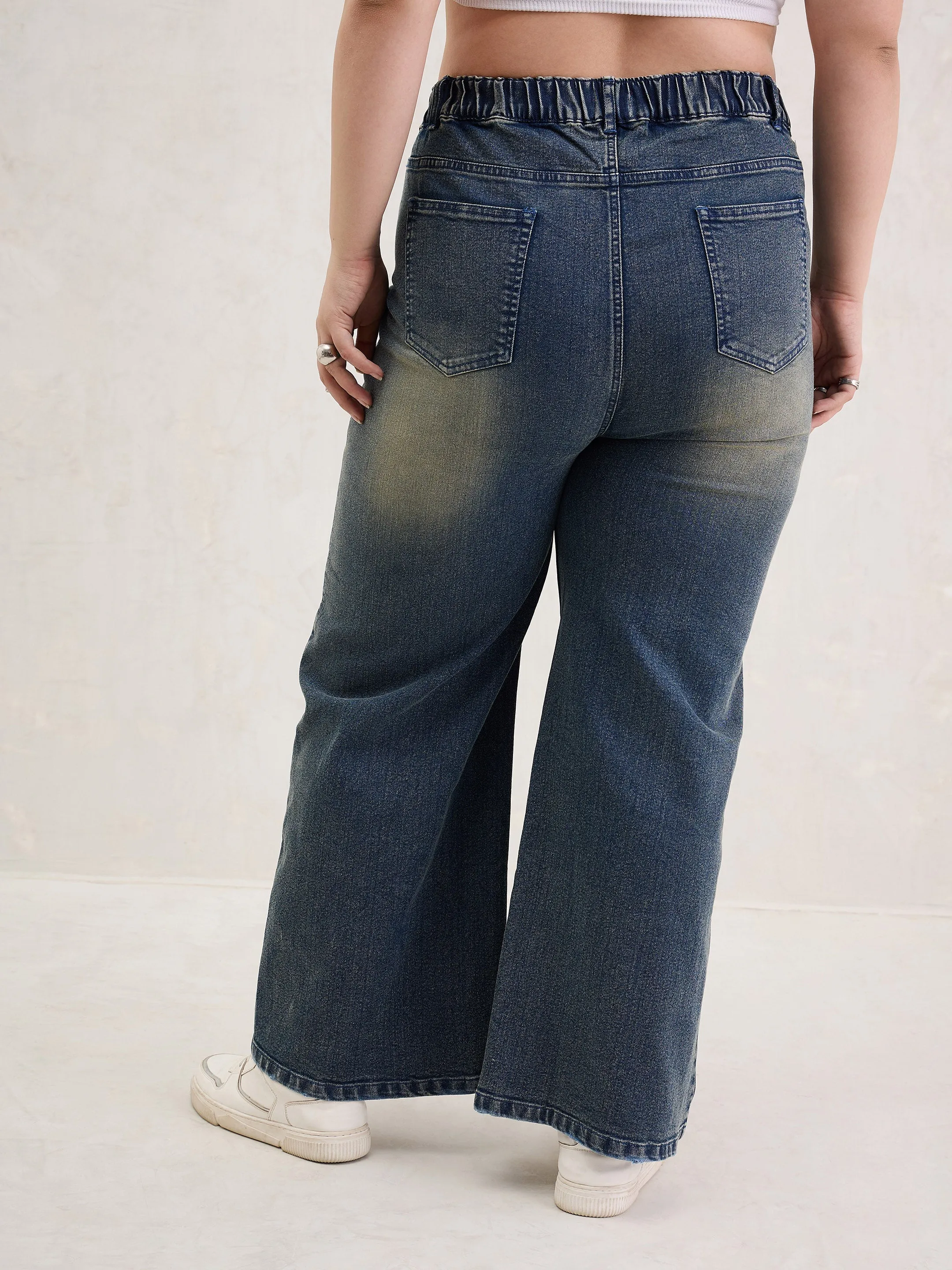 Women Blue Acid Wash Patched Straight Jeans