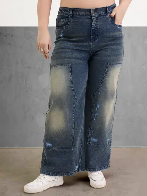 Women Blue Acid Wash Patched Straight Jeans