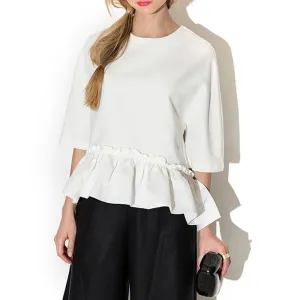 Women Casual Fashion Loose Chiffon Shirts O-Neck Half Sleeve Ruffles Hem White Blouses Tops