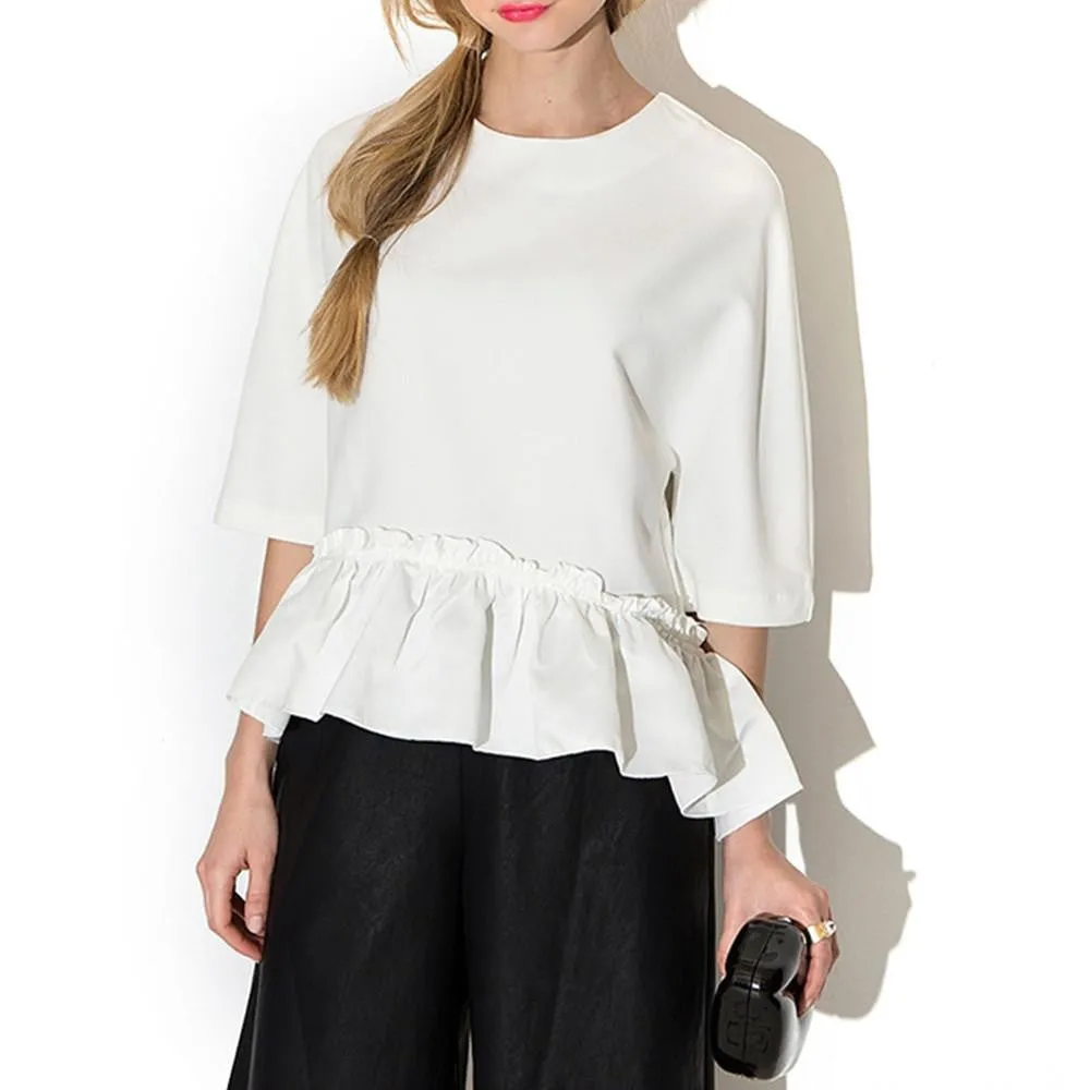 Women Casual Fashion Loose Chiffon Shirts O-Neck Half Sleeve Ruffles Hem White Blouses Tops