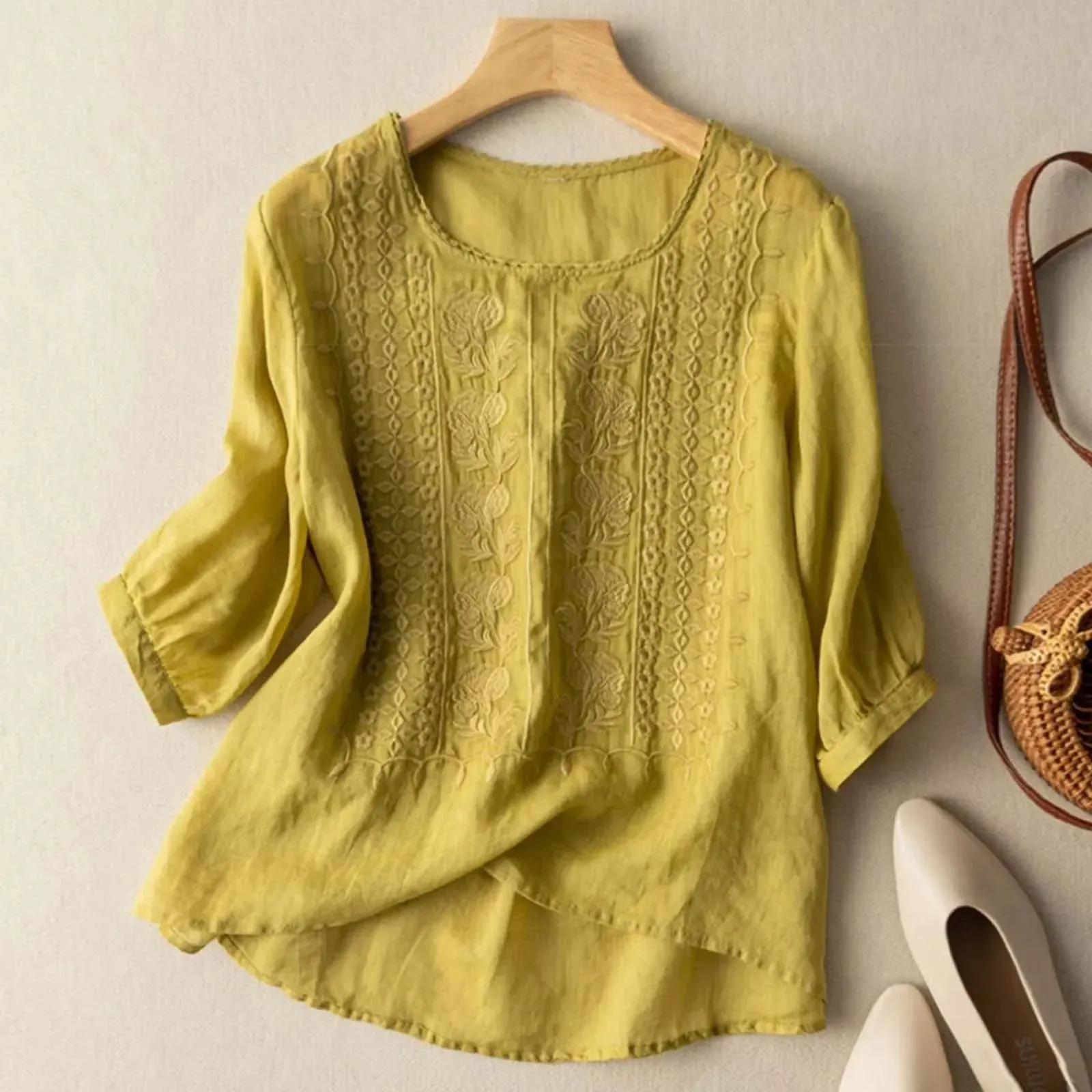 Women Cotton Linen Thin Summer Round Neck Top Artistic Retro Breathable Sleeveless T-shirt Embroidered Loose Casual Tops