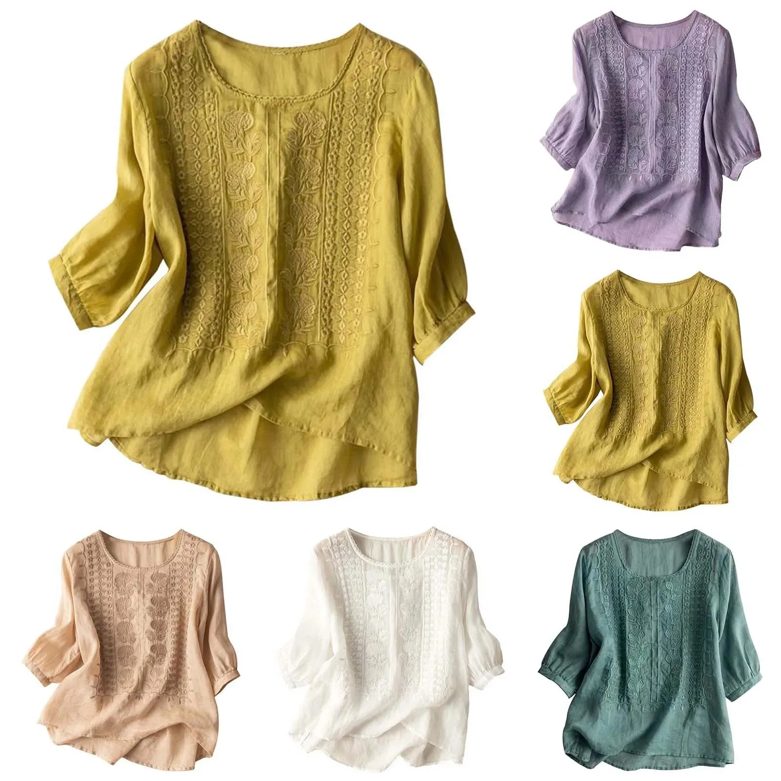 Women Cotton Linen Thin Summer Round Neck Top Artistic Retro Breathable Sleeveless T-shirt Embroidered Loose Casual Tops