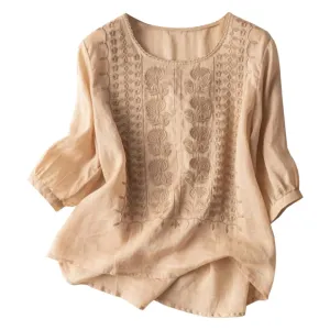 Women Cotton Linen Thin Summer Round Neck Top Artistic Retro Breathable Sleeveless T-shirt Embroidered Loose Casual Tops