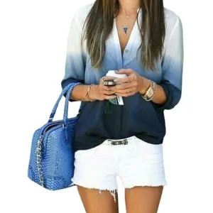 Women Ladies Casual V Neck Blouses Loose Shirts Gradual Change Long Sleeve CSN007