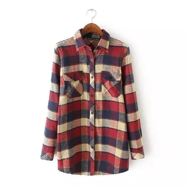 Women Vintage Long Sleeves Plaid Shirts Female Popular Casual Flannel Checked Blouses Tops