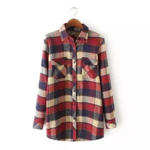 Women Vintage Long Sleeves Plaid Shirts Female Popular Casual Flannel Checked Blouses Tops