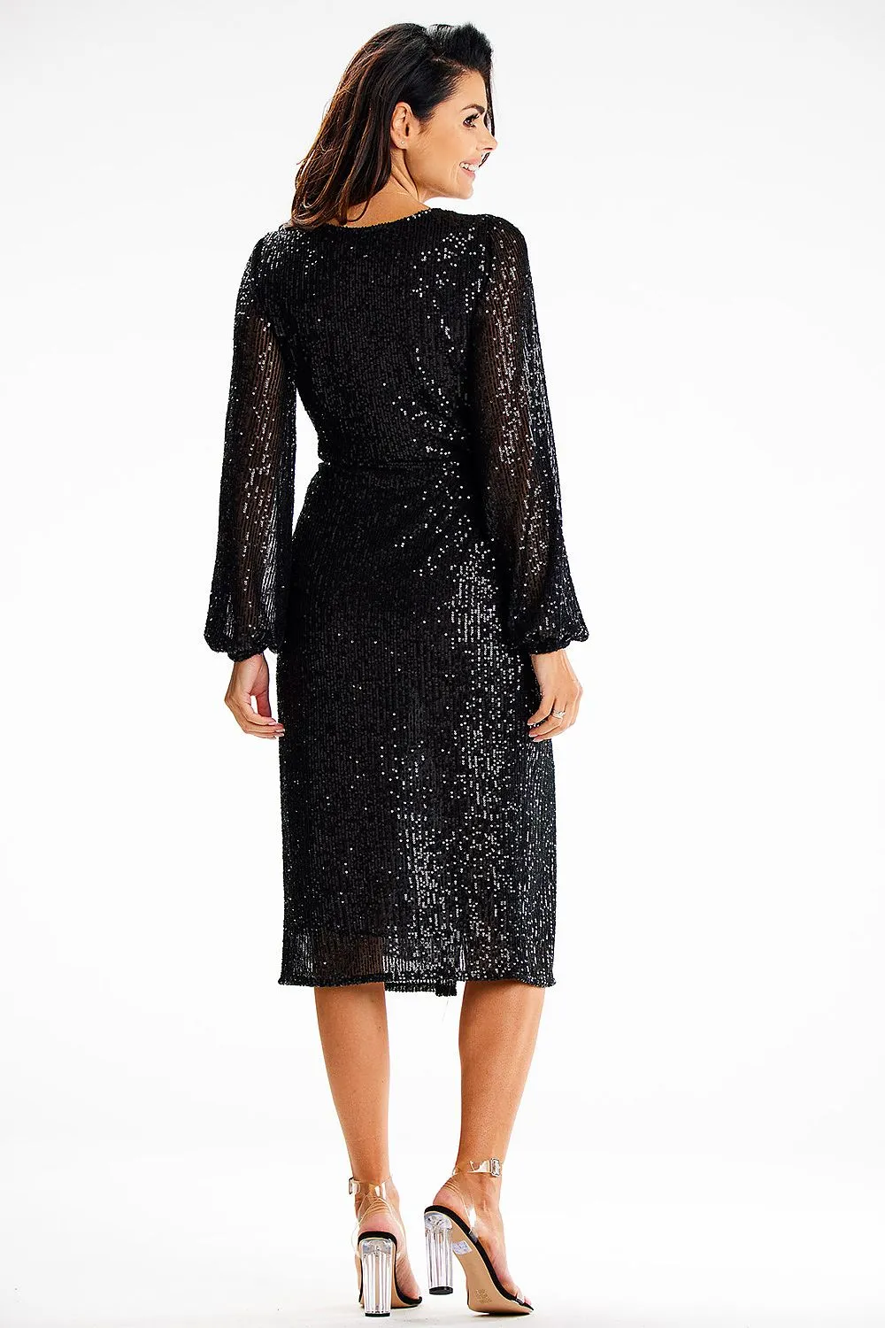 Women's Black Sequin Midi Evening Dress with Long Sheer Sleeves and Tie Waist