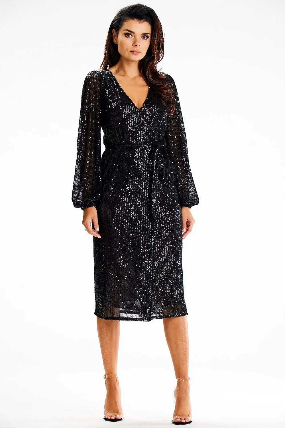 Women's Black Sequin Midi Evening Dress with Long Sheer Sleeves and Tie Waist