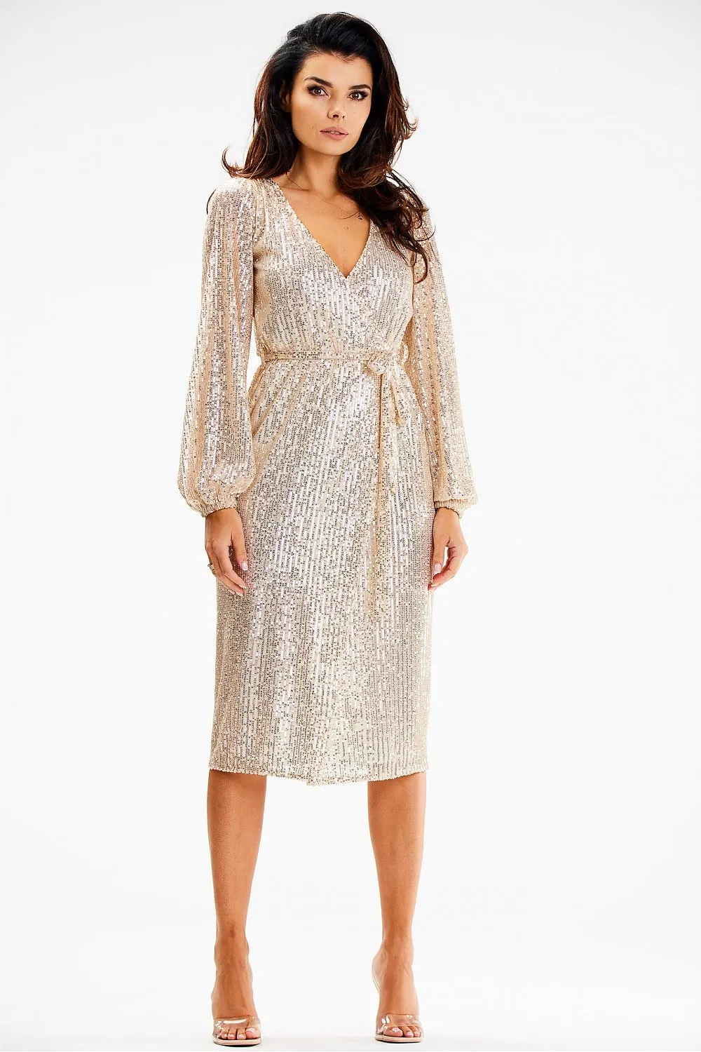 Women's Black Sequin Midi Evening Dress with Long Sheer Sleeves and Tie Waist